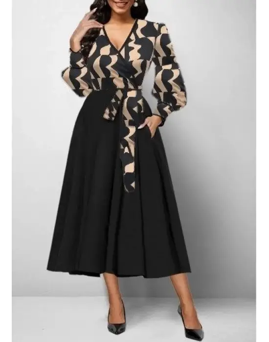 Kadın Uzun Kollu Kruvaze Yaka Dalgıç Krep Midi Boy Elbise