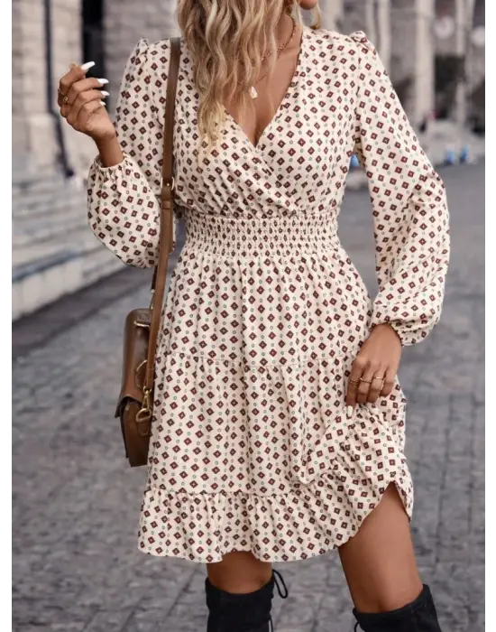 Kadın Uzun Kollu Kruvaze Yaka Desenli Mini Modal Elbise
