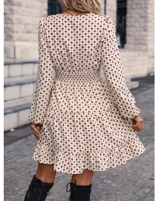 Kadın Uzun Kollu Kruvaze Yaka Desenli Mini Modal Elbise