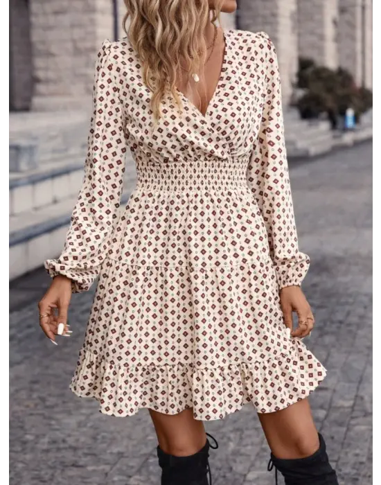 Kadın Uzun Kollu Kruvaze Yaka Desenli Mini Modal Elbise