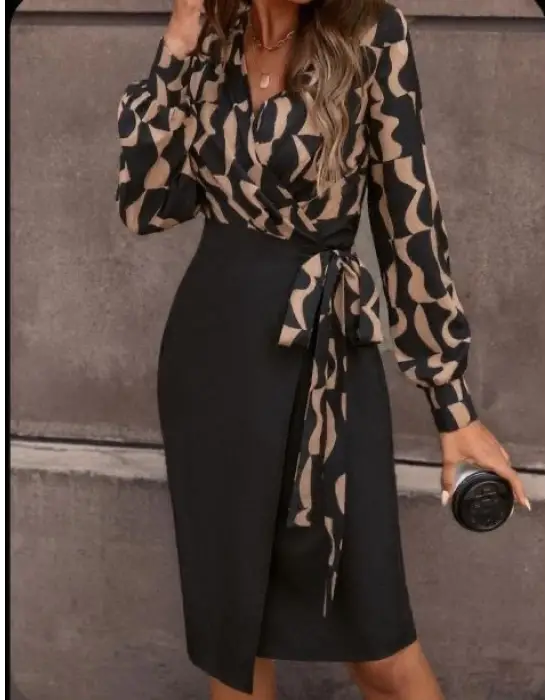 Kadın Uzun Kollu Kruvaze Yaka Dijital Baskılı Fiyonk Detay Atlas Kumaş Elbise