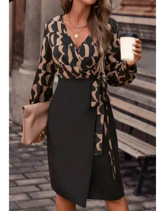 Kadın Uzun Kollu Kruvaze Yaka Dijital Baskılı Fiyonk Detay Atlas Kumaş Elbise