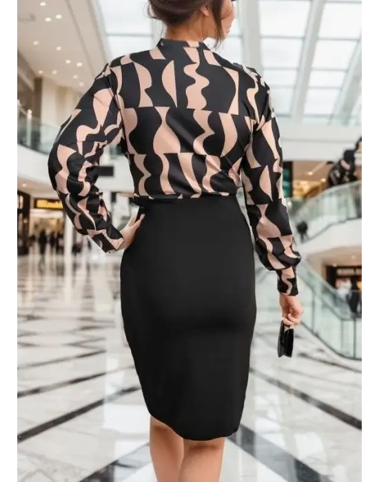 Kadın Uzun Kollu Kruvaze Yaka Dijital Baskılı Fiyonk Detay Atlas Kumaş Elbise