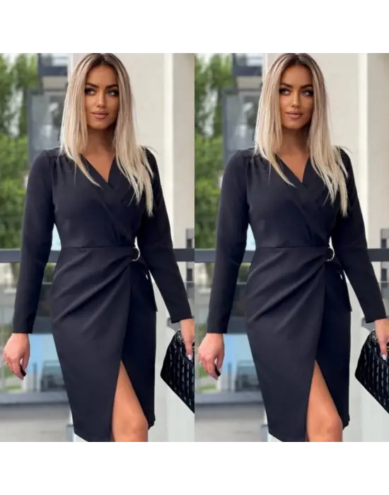 Kadın Uzun Kollu Kruvaze Yaka Etek Kruvaze Kesim Bel Toka Detaylı Krep Elbise