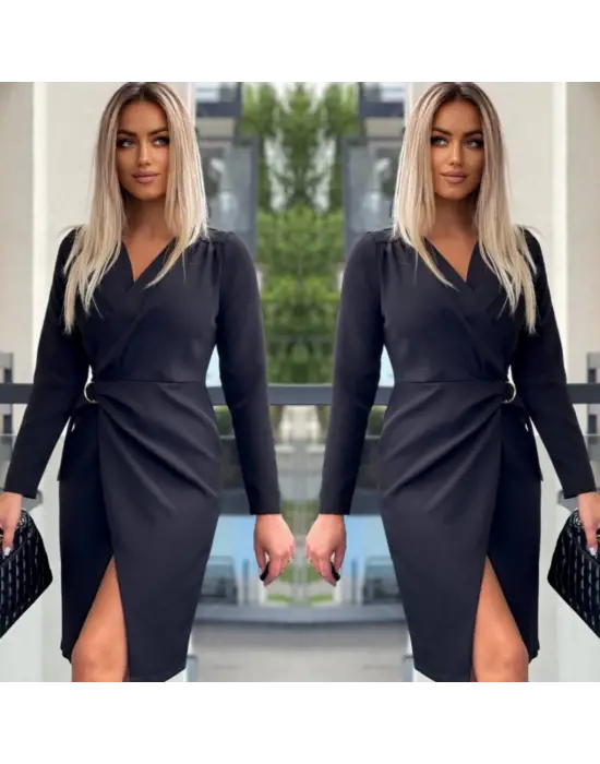 Kadın Uzun Kollu Kruvaze Yaka Etek Kruvaze Kesim Bel Toka Detaylı Krep Elbise