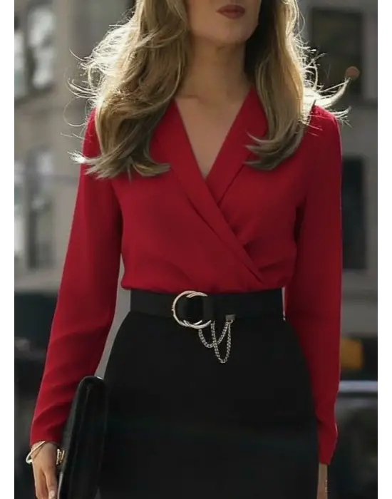 Kadın Uzun Kollu Kruvaze Yaka Janjan Krep Midi Elbise