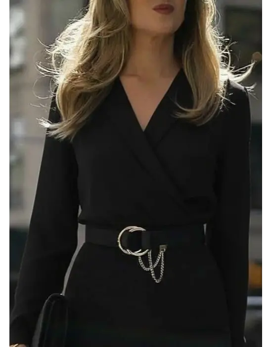 Kadın Uzun Kollu Kruvaze Yaka Janjan Krep Midi Elbise