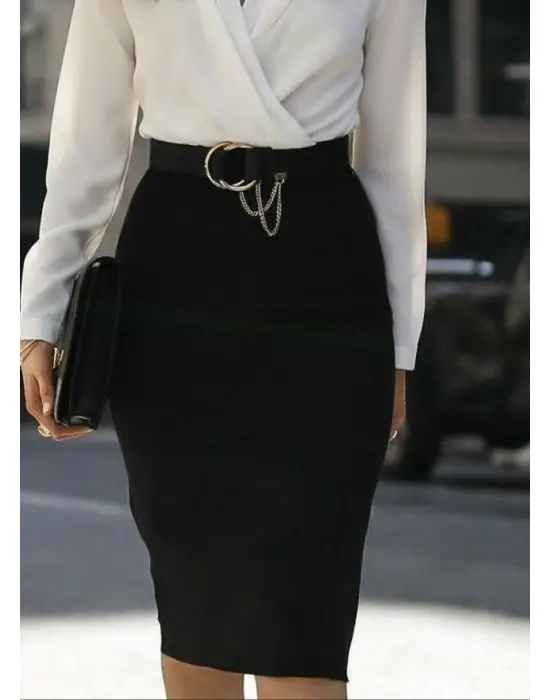 Kadın Uzun Kollu Kruvaze Yaka Janjan Krep Midi Elbise