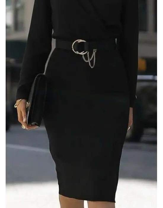 Kadın Uzun Kollu Kruvaze Yaka Janjan Krep Midi Elbise