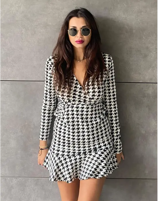 Kadın Kruvaze Yaka Kazayağı Mini Elbise