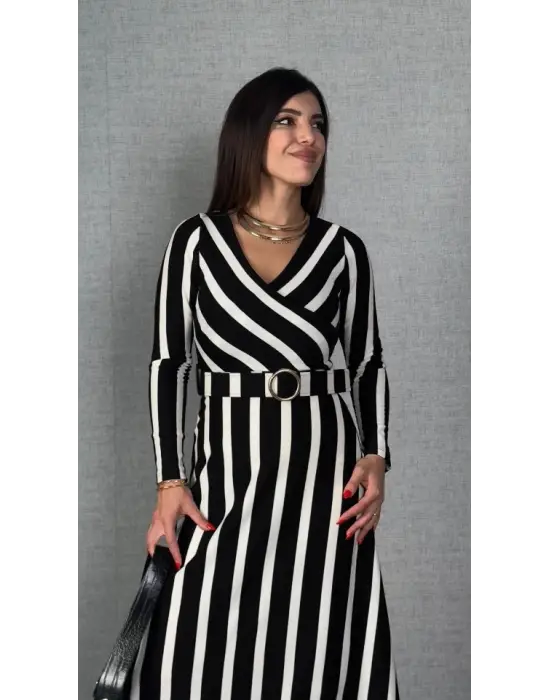 Kadın Uzun Kollu Kruvaze Yaka Kemer Dahil çizgili Triko Elbise