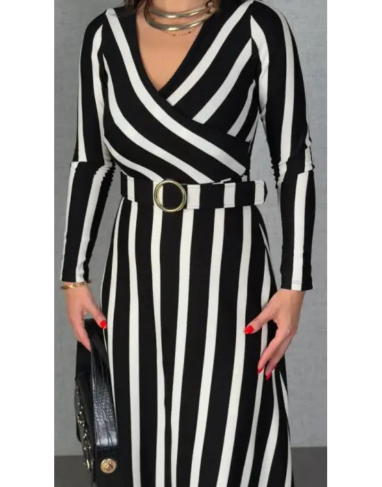 Kadın Uzun Kollu Kruvaze Yaka Kemer Dahil çizgili Triko Elbise
