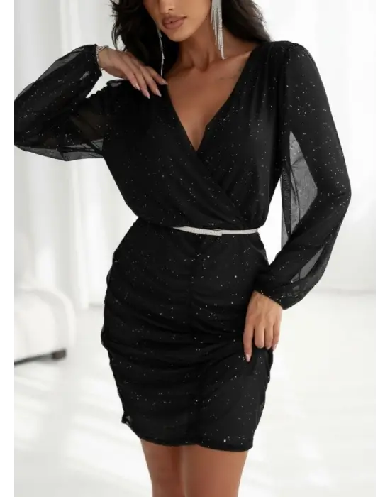 Kadın Uzun Kollu Kruvaze Yaka Kemersiz ışıltılı Astarlı Mini şifon Elbise