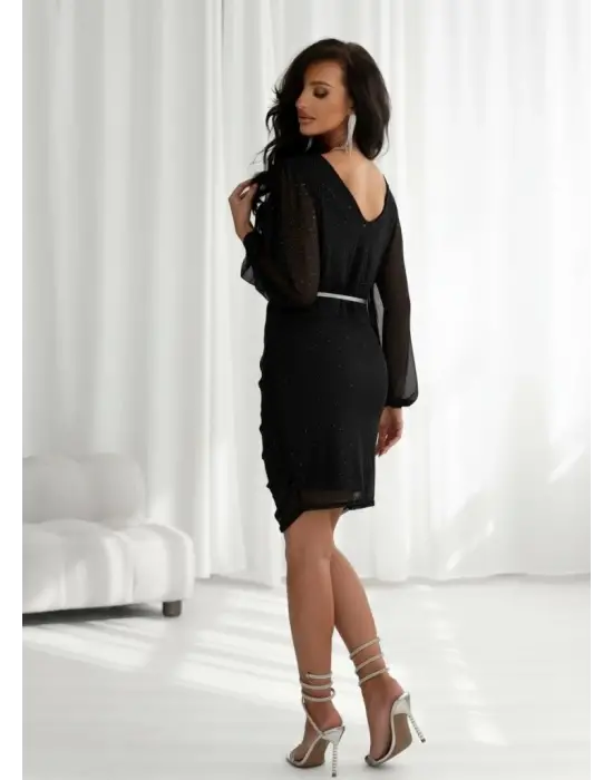 Kadın Uzun Kollu Kruvaze Yaka Kemersiz ışıltılı Astarlı Mini şifon Elbise