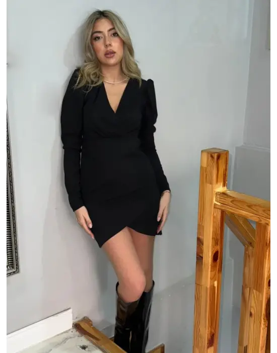 Kadın Uzun Kollu Kruvaze Yaka Kol Detaylı Ithal Krep Mini Elbise