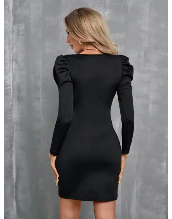 Kadın Uzun Kollu Kruvaze Yaka Kol Detaylı Ithal Krep Mini Elbise