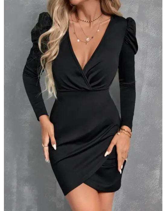 Kadın Uzun Kollu Kruvaze Yaka Kol Detaylı Ithal Krep Mini Elbise
