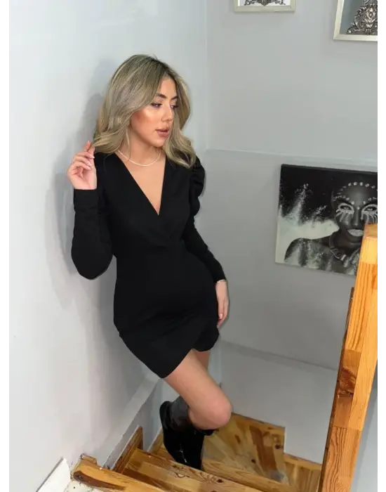 Kadın Uzun Kollu Kruvaze Yaka Kol Detaylı Ithal Krep Mini Elbise