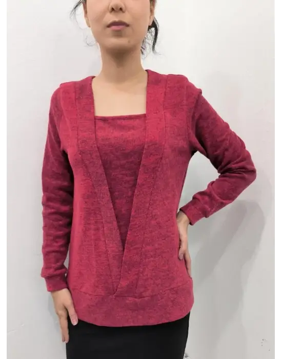 Kadın Uzun Kollu Kruvaze Yaka Kol Ve Etek Ucu Manşet Detay Yumoş Bluz