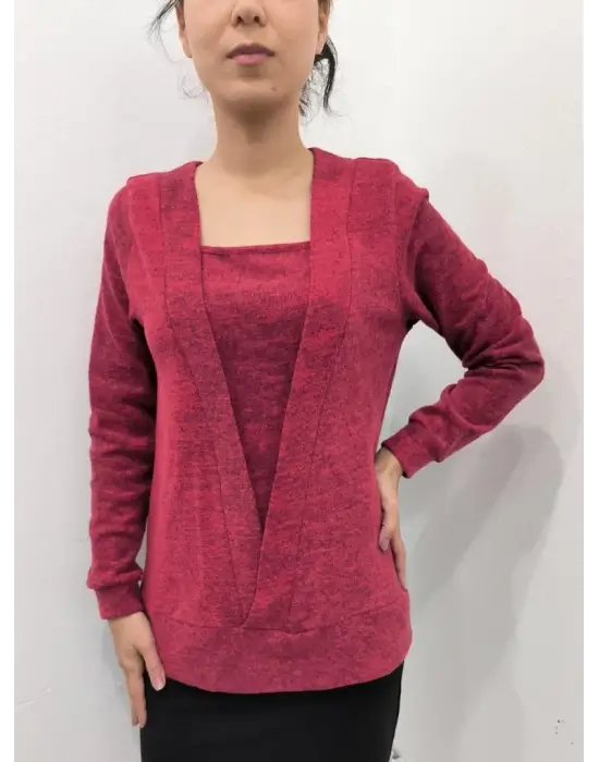 Kadın Uzun Kollu Kruvaze Yaka Kol Ve Etek Ucu Manşet Detay Yumoş Bluz