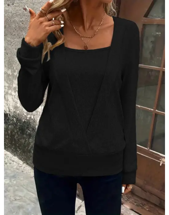 Kadın Uzun Kollu Kruvaze Yaka Kol Ve Etek Ucu Manşet Detay Yumoş Bluz