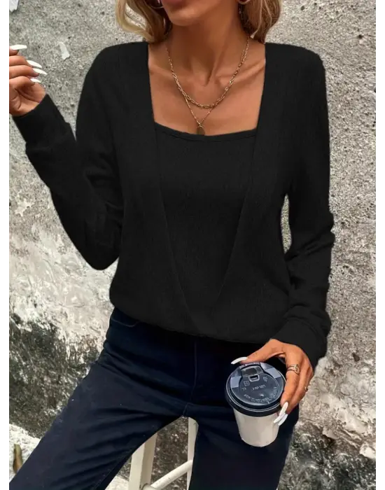 Kadın Uzun Kollu Kruvaze Yaka Kol Ve Etek Ucu Manşet Detay Yumoş Bluz