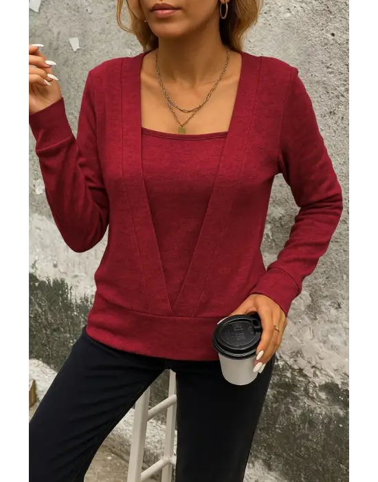 Kadın Uzun Kollu Kruvaze Yaka Kol Ve Etek Ucu Manşet Detay Yumoş Bluz
