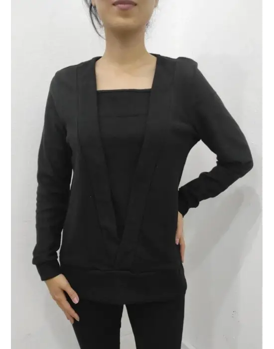 Kadın Uzun Kollu Kruvaze Yaka Kol Ve Etek Ucu Manşet Detay Yumoş Bluz