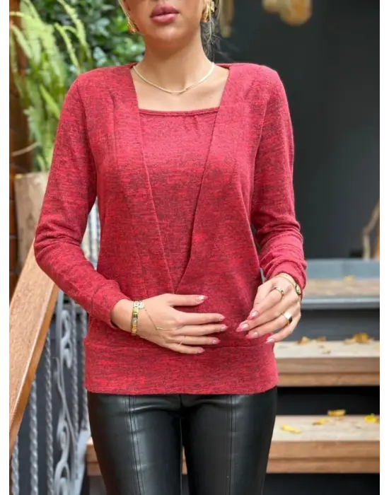 Kadın Uzun Kollu Kruvaze Yaka Kol Ve Etek Ucu Manşet Detay Yumoş Bluz