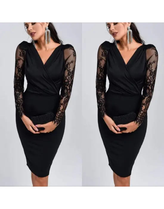 Uzun Kollu Kruvaze Yaka Tül Detaylı Mini Elbise