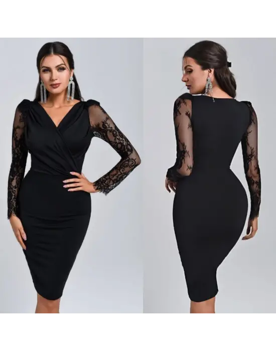 Uzun Kollu Kruvaze Yaka Tül Detaylı Mini Elbise