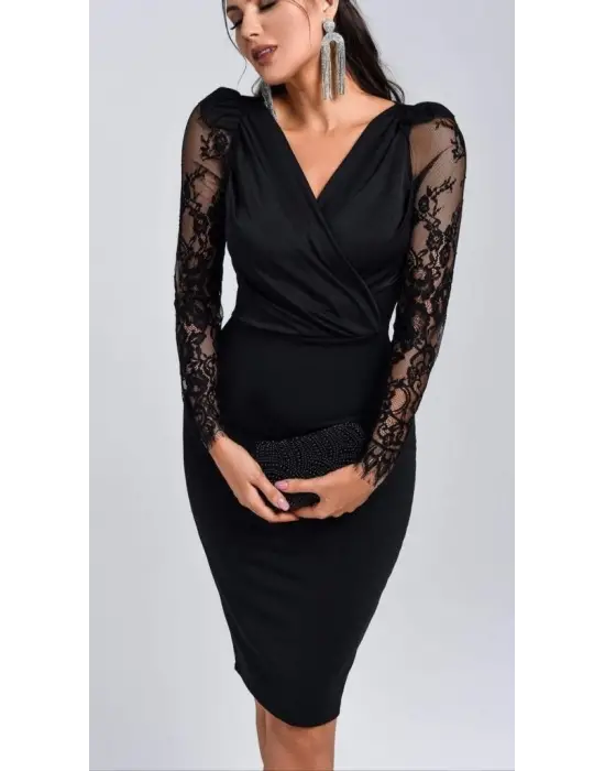 Uzun Kollu Kruvaze Yaka Tül Detaylı Mini Elbise