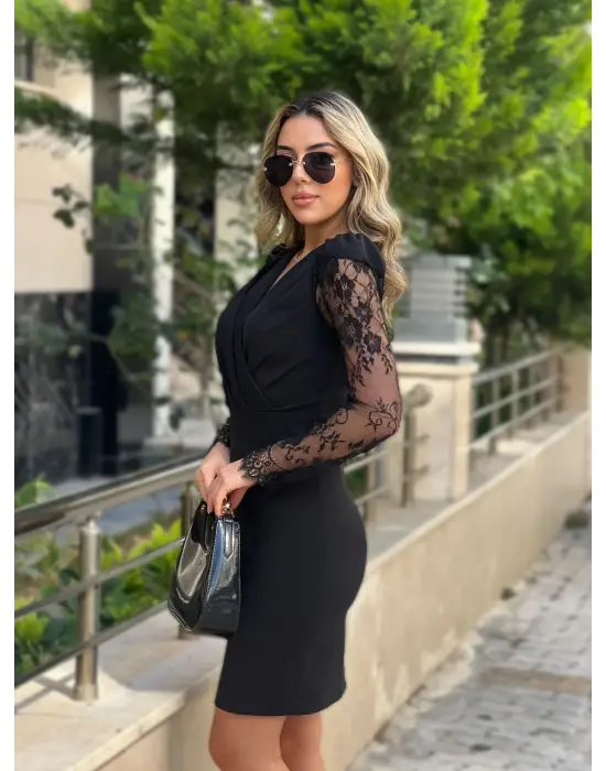 Kadın Uzun Kollu Kruvaze Yaka Kollar Tül Detay Krep Mini Boy Elbise