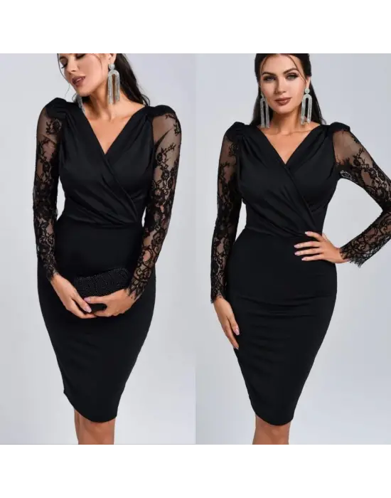 Kadın Uzun Kollu Kruvaze Yaka Kollar Tül Detay Krep Mini Boy Elbise