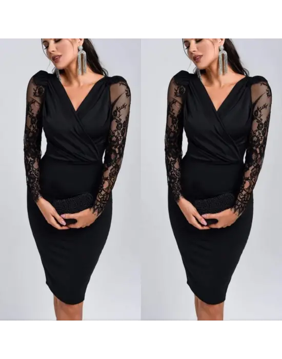 Kadın Uzun Kollu Kruvaze Yaka Kollar Tül Detay Krep Mini Boy Elbise