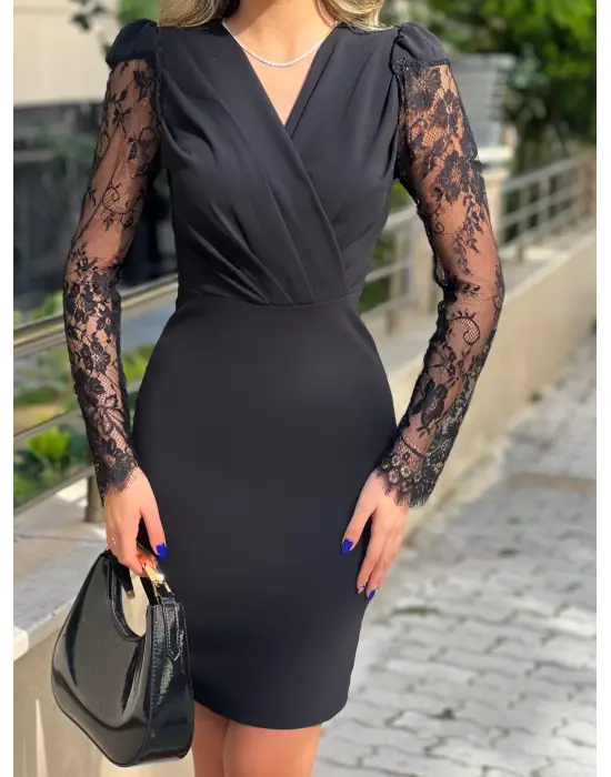 Kadın Uzun Kollu Kruvaze Yaka Kollar Tül Detay Krep Mini Boy Elbise