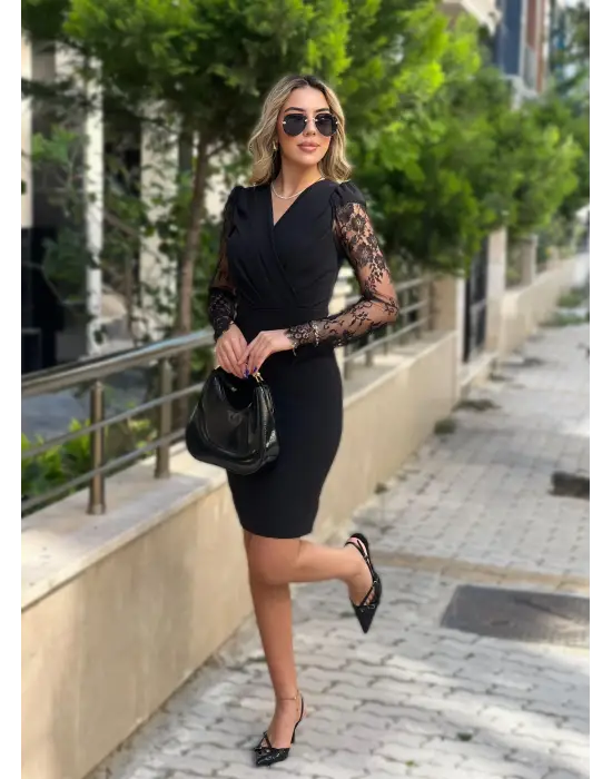 Kadın Uzun Kollu Kruvaze Yaka Kollar Tül Detay Krep Mini Boy Elbise