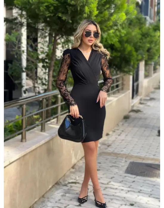 Kadın Uzun Kollu Kruvaze Yaka Kollar Tül Detay Krep Mini Boy Elbise