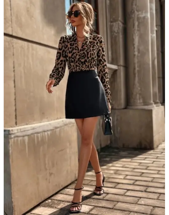 Kadın Uzun Kollu Kruvaze Yaka Mini Elbise