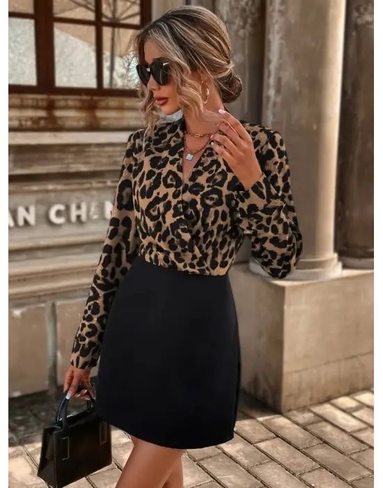 Kadın Uzun Kollu Kruvaze Yaka Mini Elbise