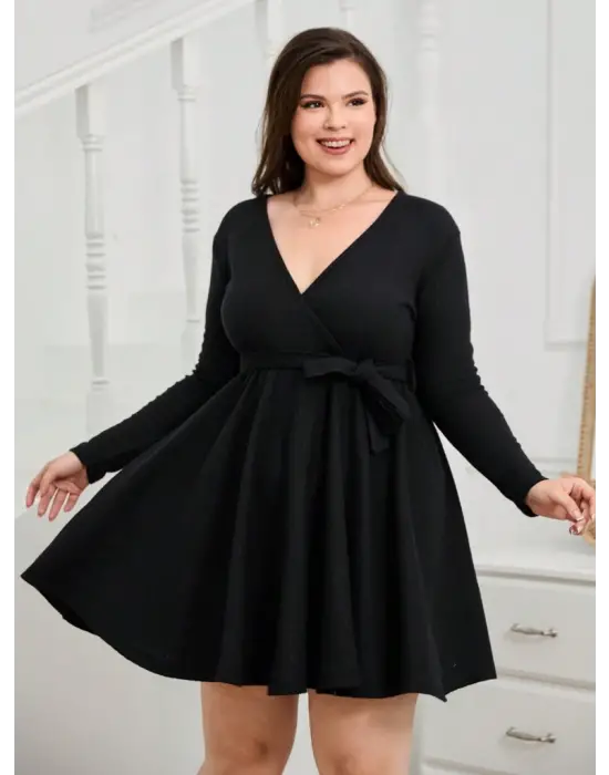 Omarı Şık Kuşak Detaylı Uzun Kollu Kadın Mini Elbise