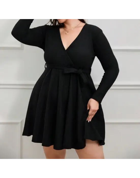 Omarı Şık Kuşak Detaylı Uzun Kollu Kadın Mini Elbise