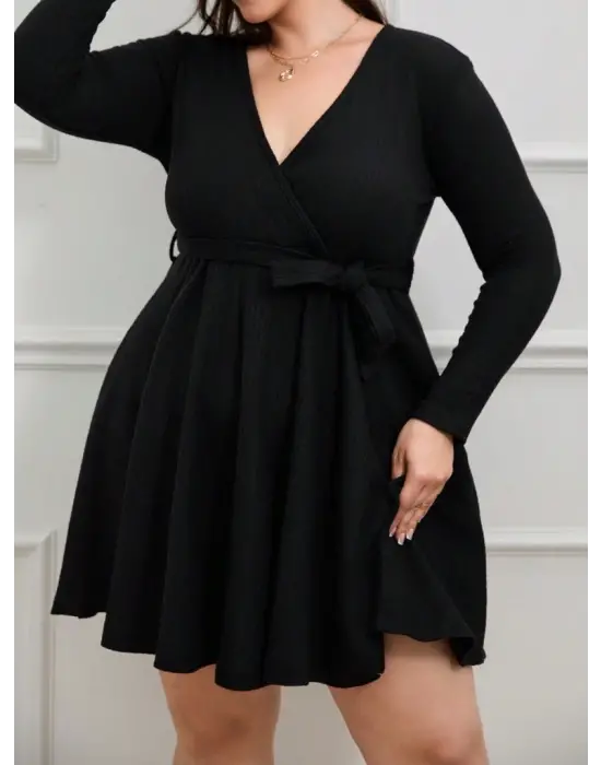 Omarı Şık Kuşak Detaylı Uzun Kollu Kadın Mini Elbise