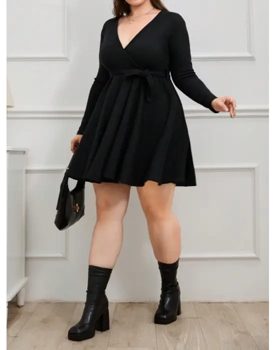 Omarı Şık Kuşak Detaylı Uzun Kollu Kadın Mini Elbise