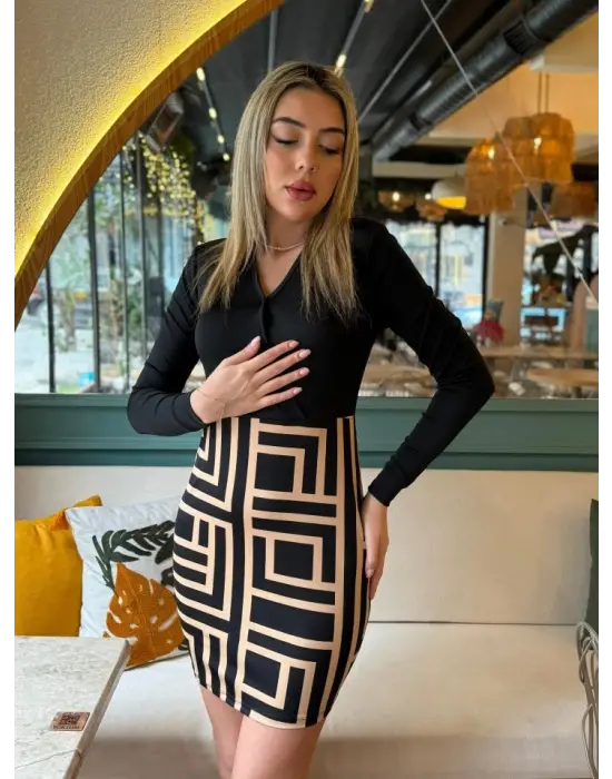 Kadın Uzun Kollu Kruvaze Yaka Labirent Desen Dalgıç Elbise