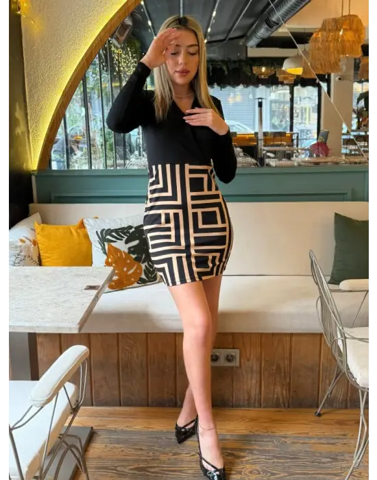 Kadın Uzun Kollu Kruvaze Yaka Labirent Desen Dalgıç Elbise