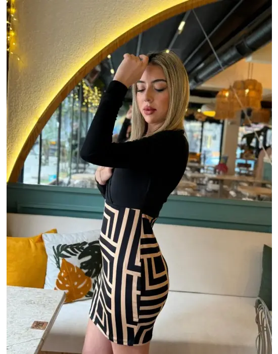 Kadın Uzun Kollu Kruvaze Yaka Labirent Desen Dalgıç Elbise