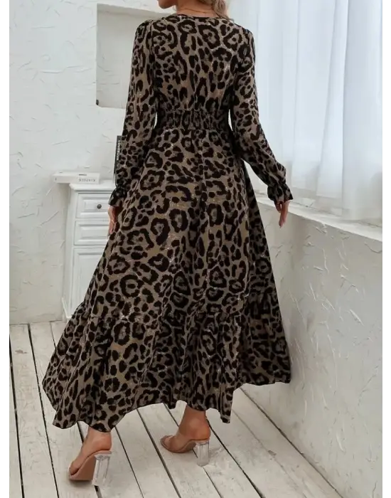 Kadın Uzun Kollu Kruvaze Yaka Leopar Desenli Uzun Süprem Elbise