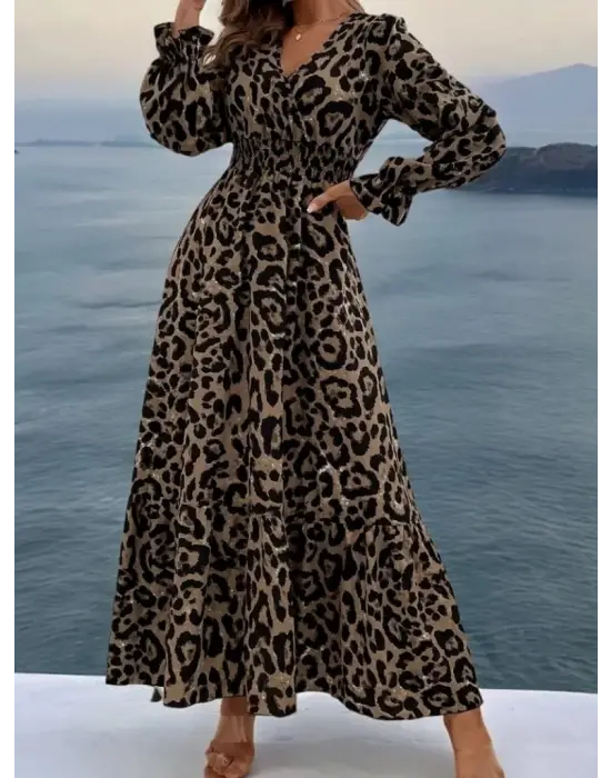 Kadın Uzun Kollu Kruvaze Yaka Leopar Desenli Uzun Süprem Elbise