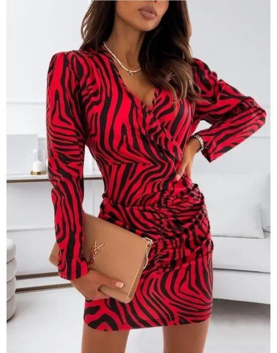 Kadın Uzun Kollu Kruvaze Yaka ön Kısım Büzgülü Dalgıç Mini Boy Elbise